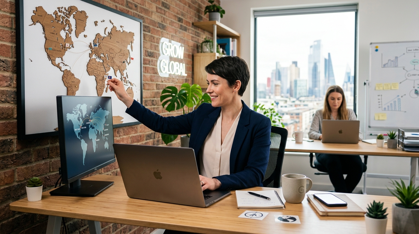 Women entrepreneur managing global online business with laptop and international shipping setup